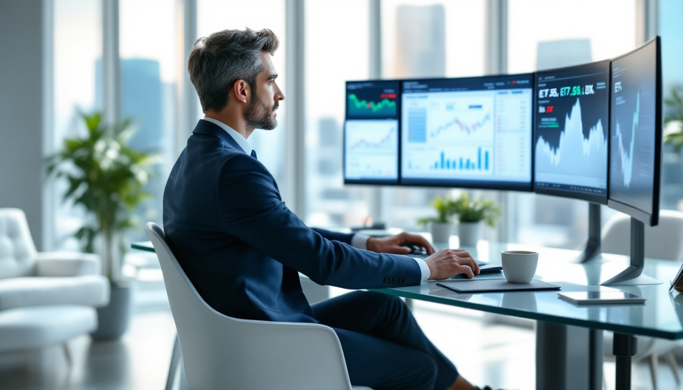 투자자가 사무실에서 여러 화면을 보며 ETF 수익률과 성과 지표를 분석하는 모습