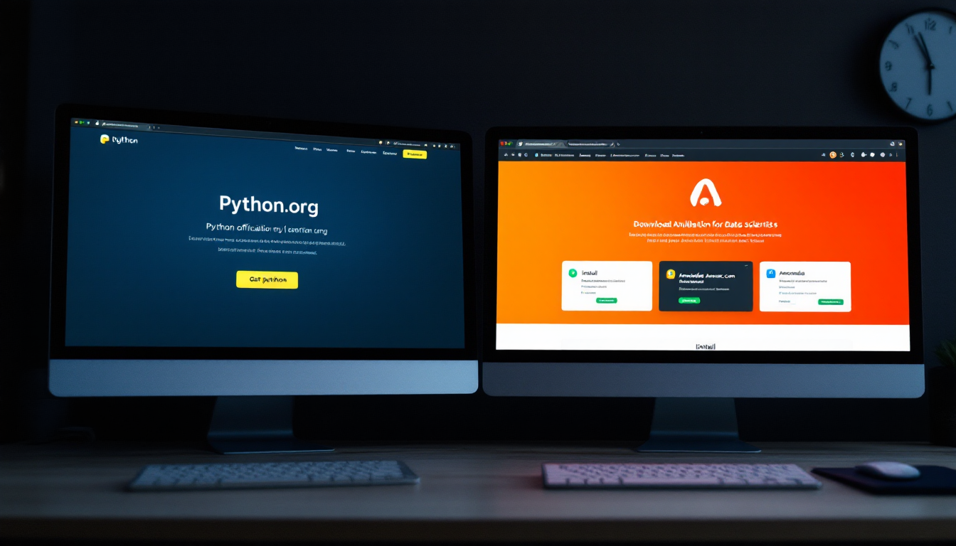 파이썬 공식 사이트와 아나콘다 홈페이지가 나란히 보이며 5분 안에 개발 환경을 세팅하는 과정