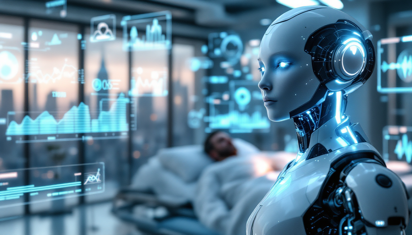 미래 AI 주치의가 디지털 화면에서 유전 정보와 건강 데이터를 분석하는 모습을 보여주는 이미지