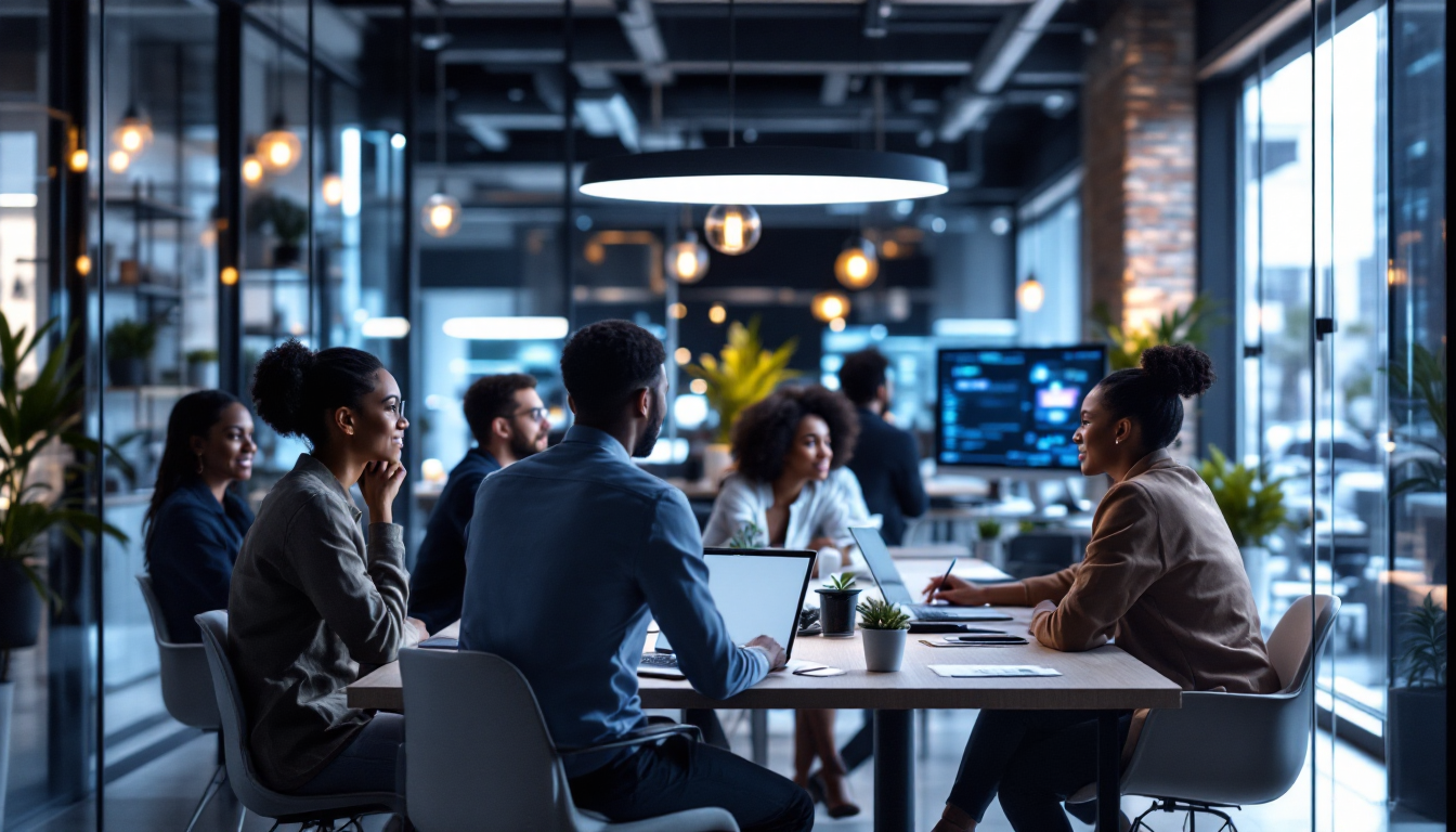 AI 스타트업 창업자와 개발자들이 밝고 현대적인 사무실에서 새로운 AI 규제를 기회로 삼아 협력하는 모습