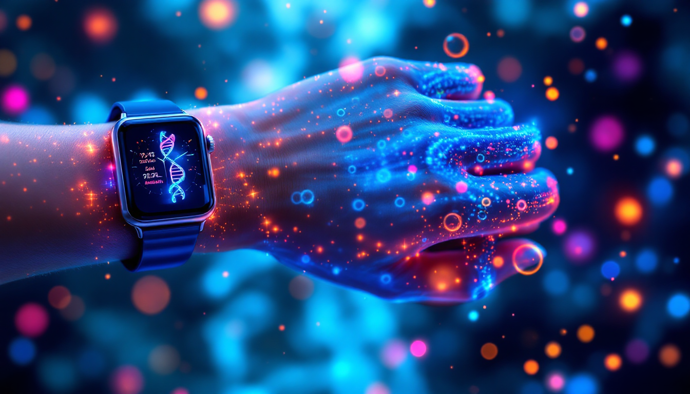 개인 맞춤형 건강관리를 구성하는 네 가지 핵심 데이터 요소를 상징하는 이미지 DNA, 스마트워치, 장내 미생물, 환경 요인