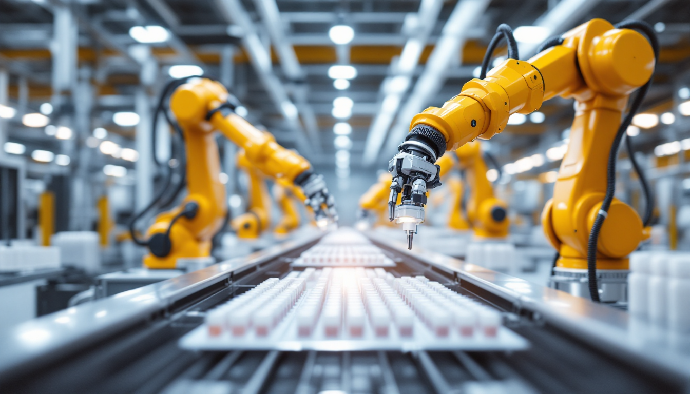 자동차 및 제약 공장에서 정밀하게 작업하는 다관절 산업용 로봇 팔 이미지