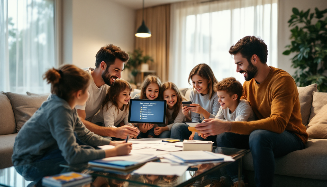 4자녀를 둔 대가족이 거실에서 카드 사용과 다자녀 세액공제 혜택 체크리스트를 확인하는 모습