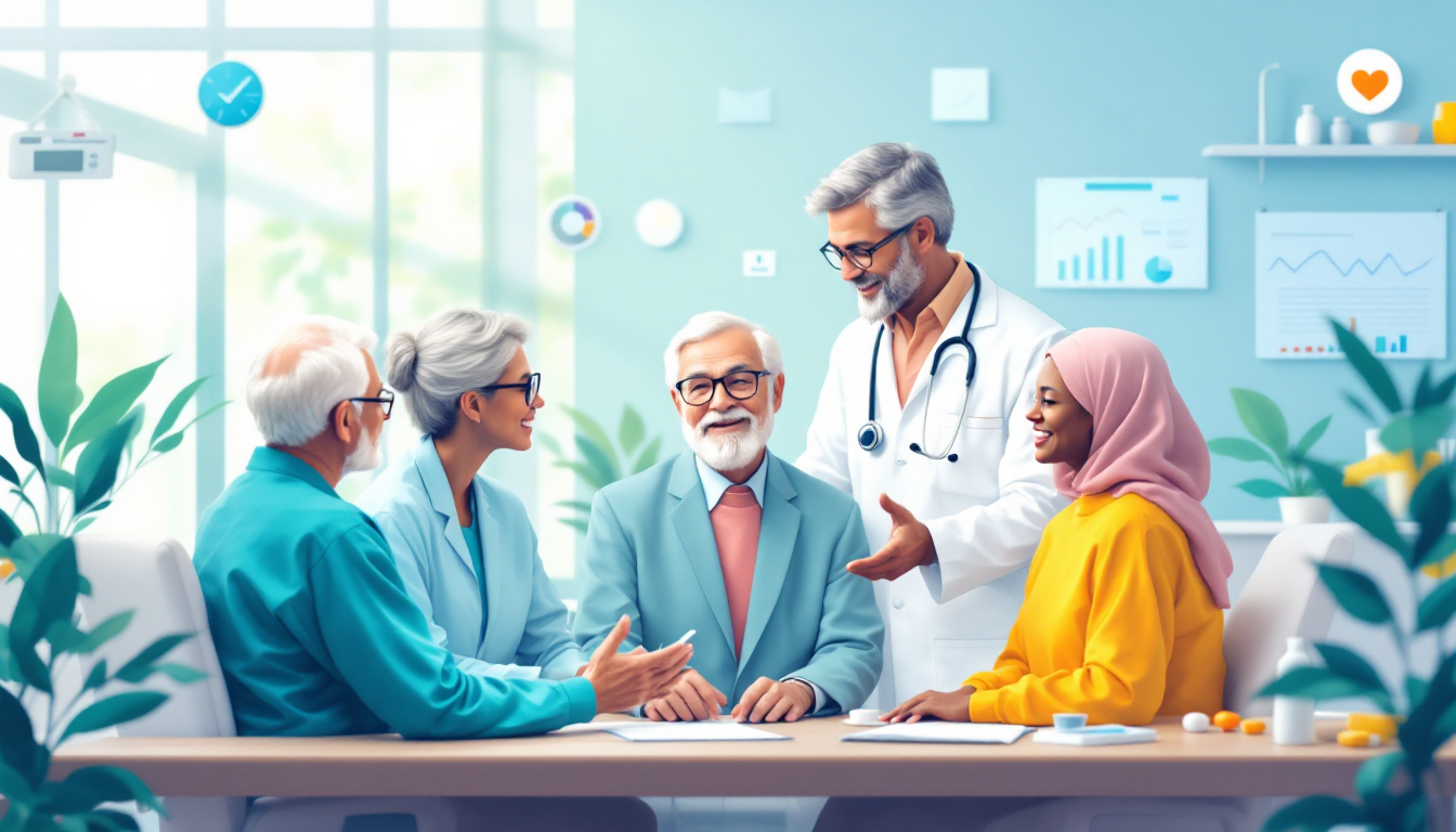 고령화와 만성질환, 비만 치료제로 인한 바이오 산업 수요 증가를 보여주는 장면