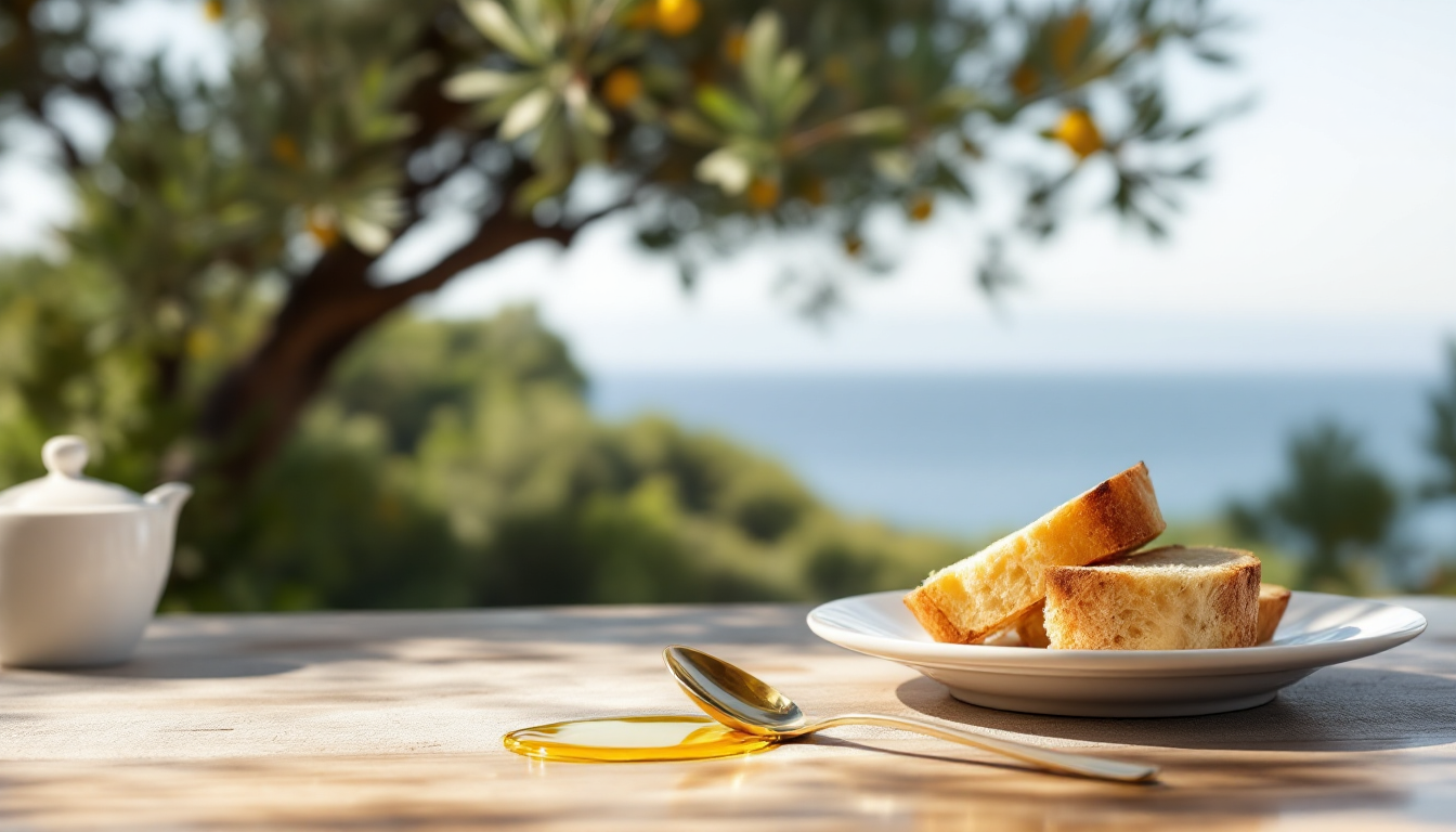지중해의 건강과 장수를 상징하는 아침 공복 올리브오일 한 스푼 장면
