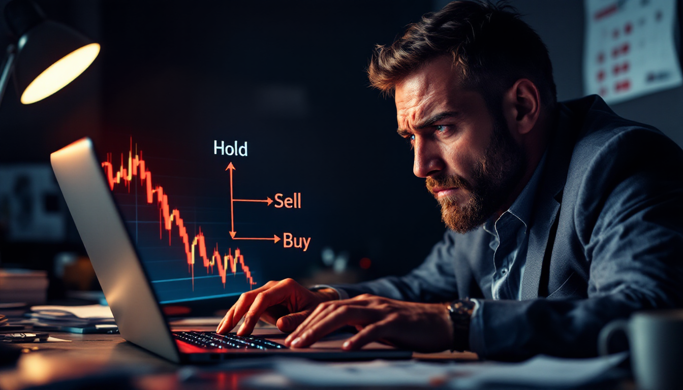 주식이 하락하여 물렸을 때 심리적으로 고민하는 투자자와 대응 전략 흐름도 이미지