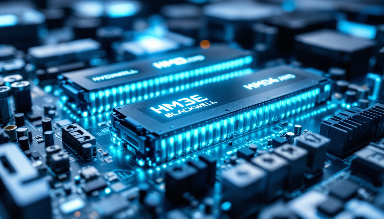 엔비디아 블랙웰과 AMD MI400 AI 가속기와 관련된 최신 HBM 메모리 모듈을 보여주는 마더보드 클로즈업 이미지