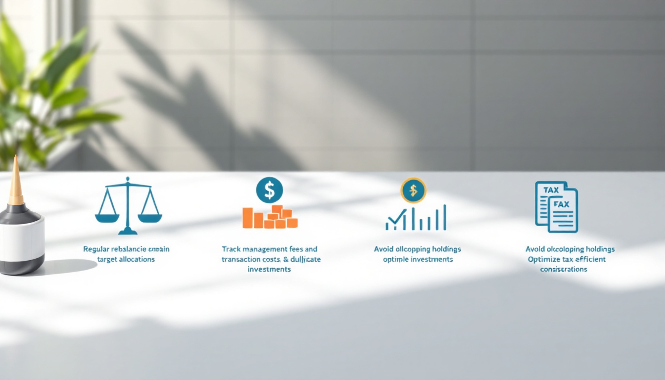 ETF 포트폴리오 관리를 위한 주요 주의사항을 아이콘과 텍스트로 설명하는 인포그래픽