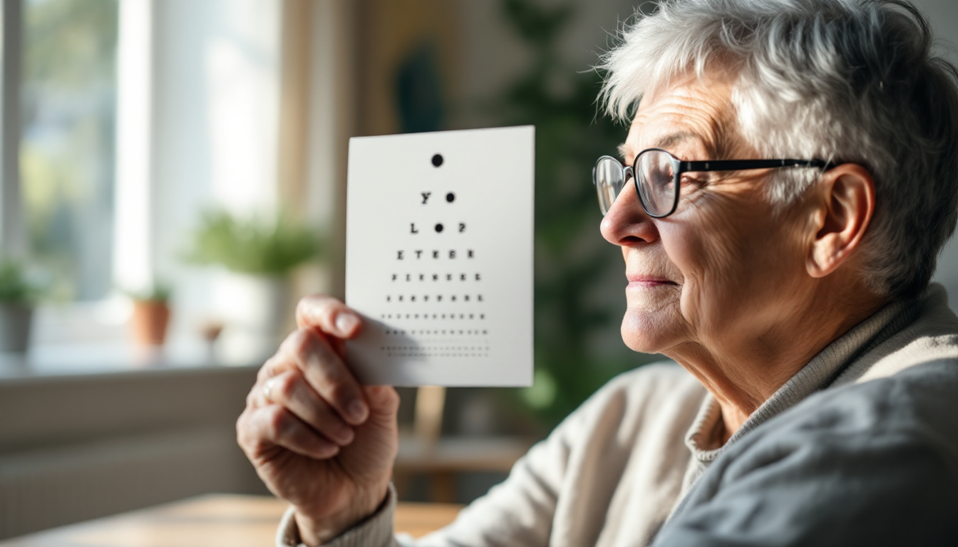 집에서 암슬러 격자 자가진단을 하는 중장년층의 모습