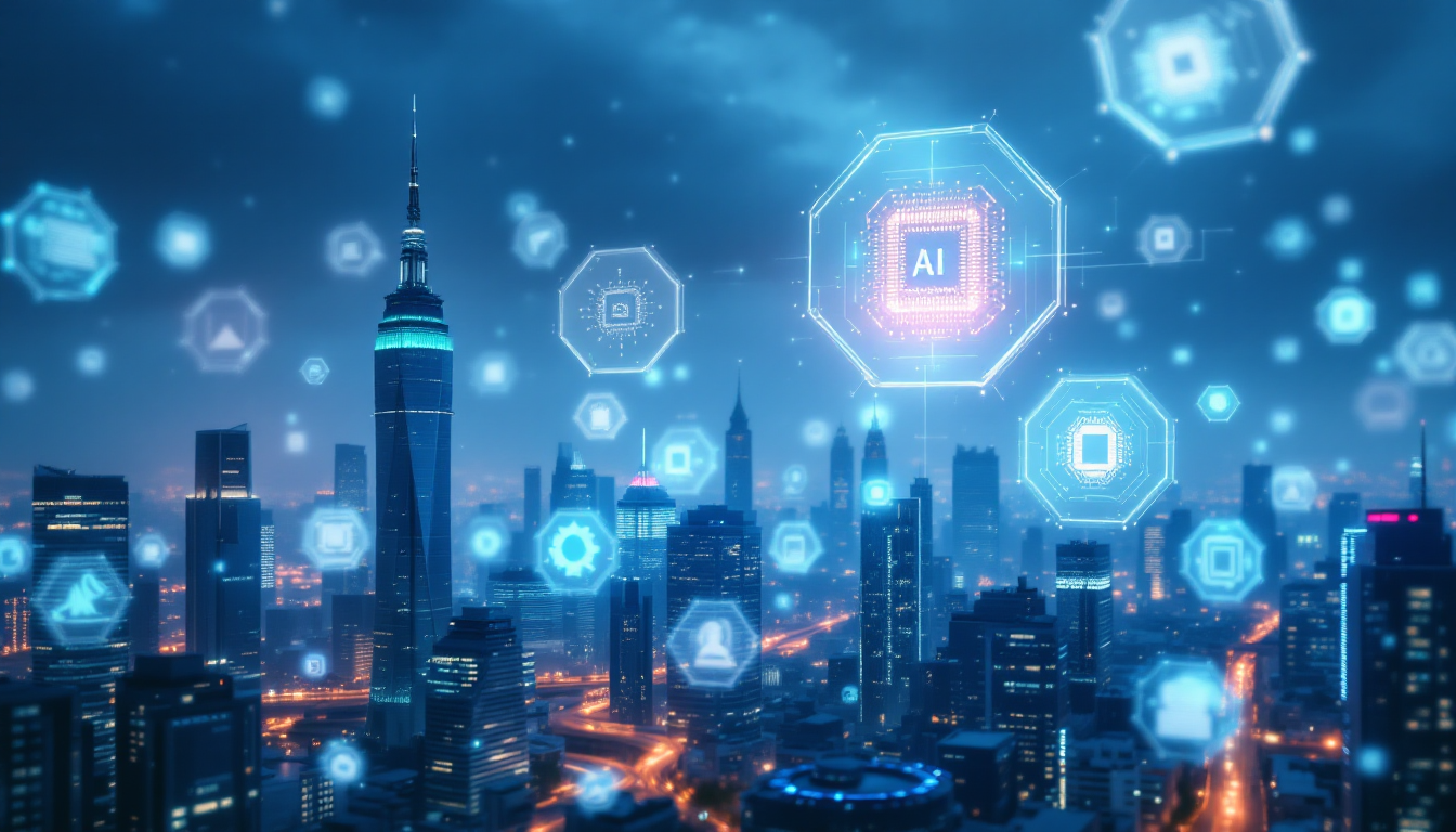 저성장 시대 속 AI가 경제 성장을 이끄는 모습을 표현한 현대 도시와 AI 아이콘, 반도체 칩.