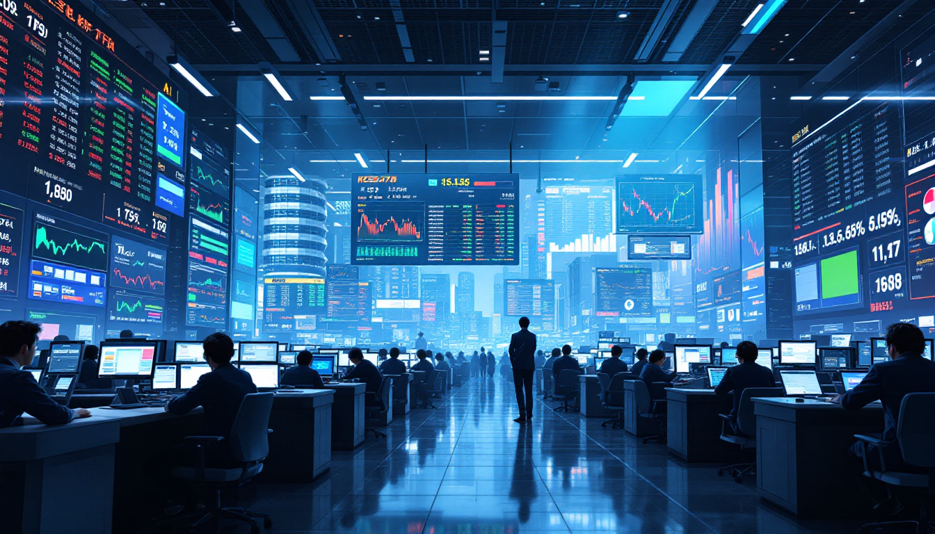 코스닥 시장과 첨단 기술 섹터를 반영하는 주식 거래 현장의 이미지