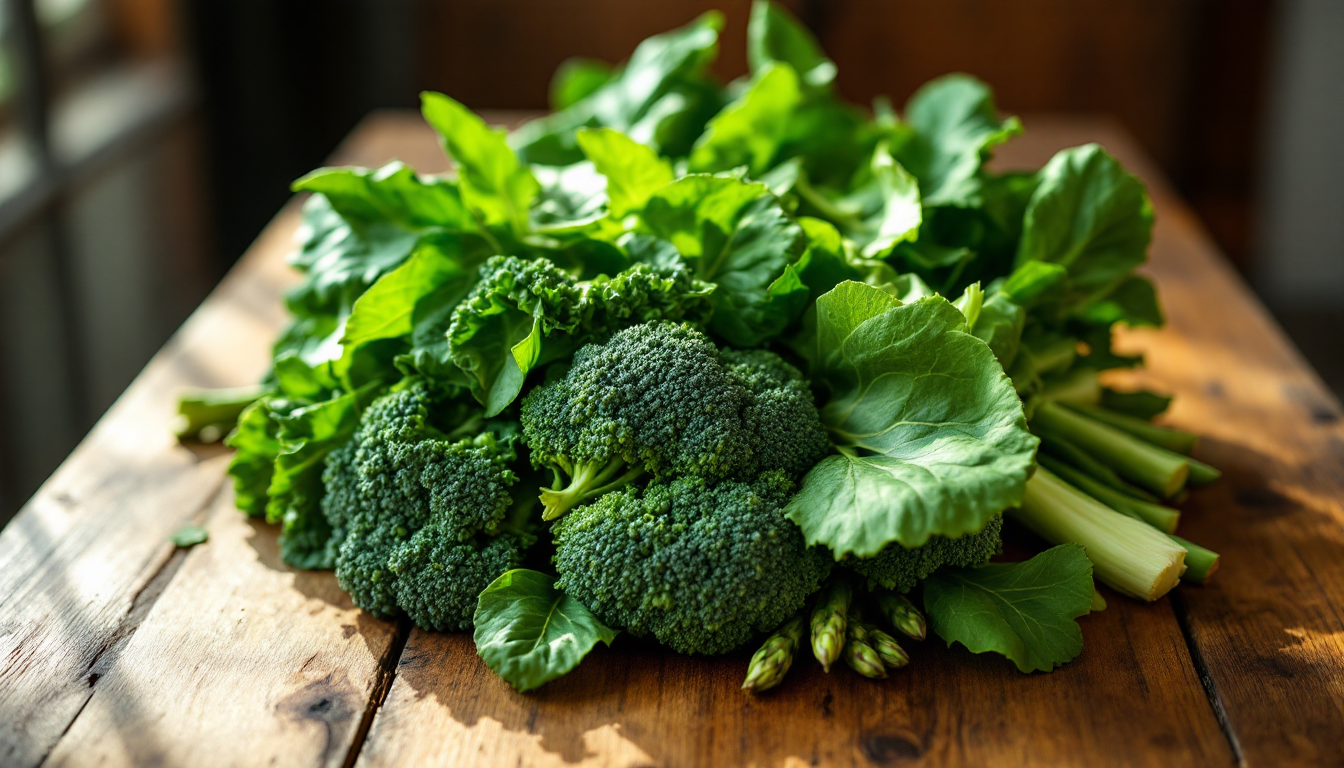 엽산이 풍부한 짙은 녹색 잎채소들이 나무 테이블 위에 자연광 아래 정돈되어 있는 모습