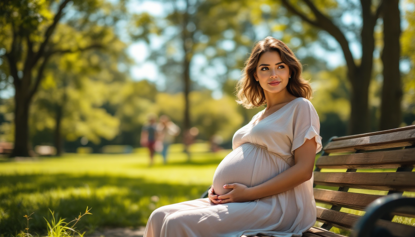 임신부가 공원에서 맑은 날 햇볕을 쬐며 산책하는 모습
