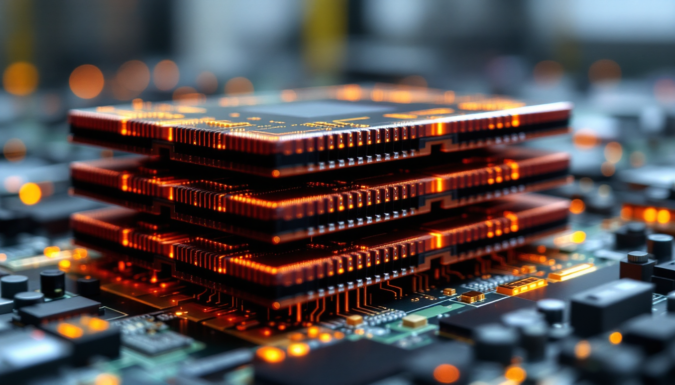 고급 반도체 제조 환경에서 수직으로 쌓인 고대역폭 메모리 HBM4 모듈들