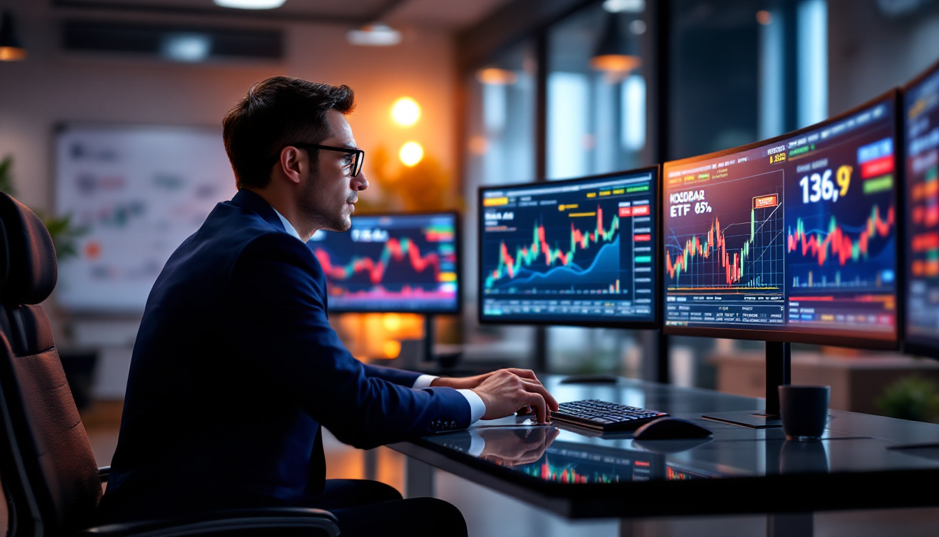 코스닥 액티브 ETF 투자 전문가가 여러 디지털 화면에서 차트와 그래프를 분석하는 모습