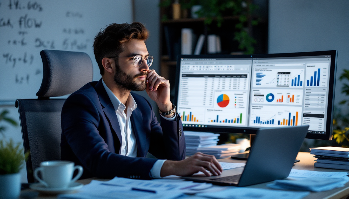 기업 재무제표 보는 법 섹션의 재무제표를 분석하는 비즈니스 애널리스트 모습