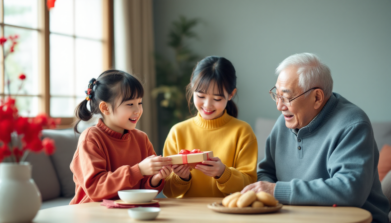 설 명절에 부모님께 건강 선물을 드리는 가족의 따뜻한 모습