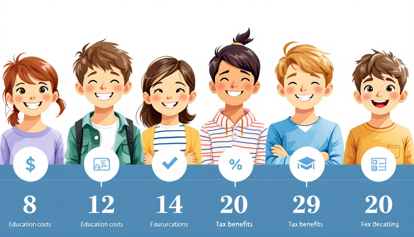 8세 이상 자녀 대상의 세액공제 신설 정책을 강조하는 8~20세 어린이 교육비와 세금 혜택을 나타낸 인포그래픽