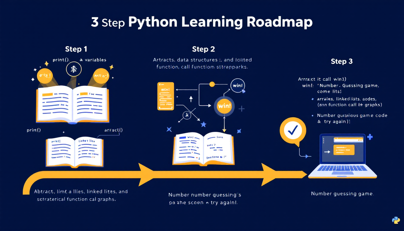 초보자부터 전문가까지 3단계 파이썬 독학 로드맵을 단계별로 보여주는 인포그래픽