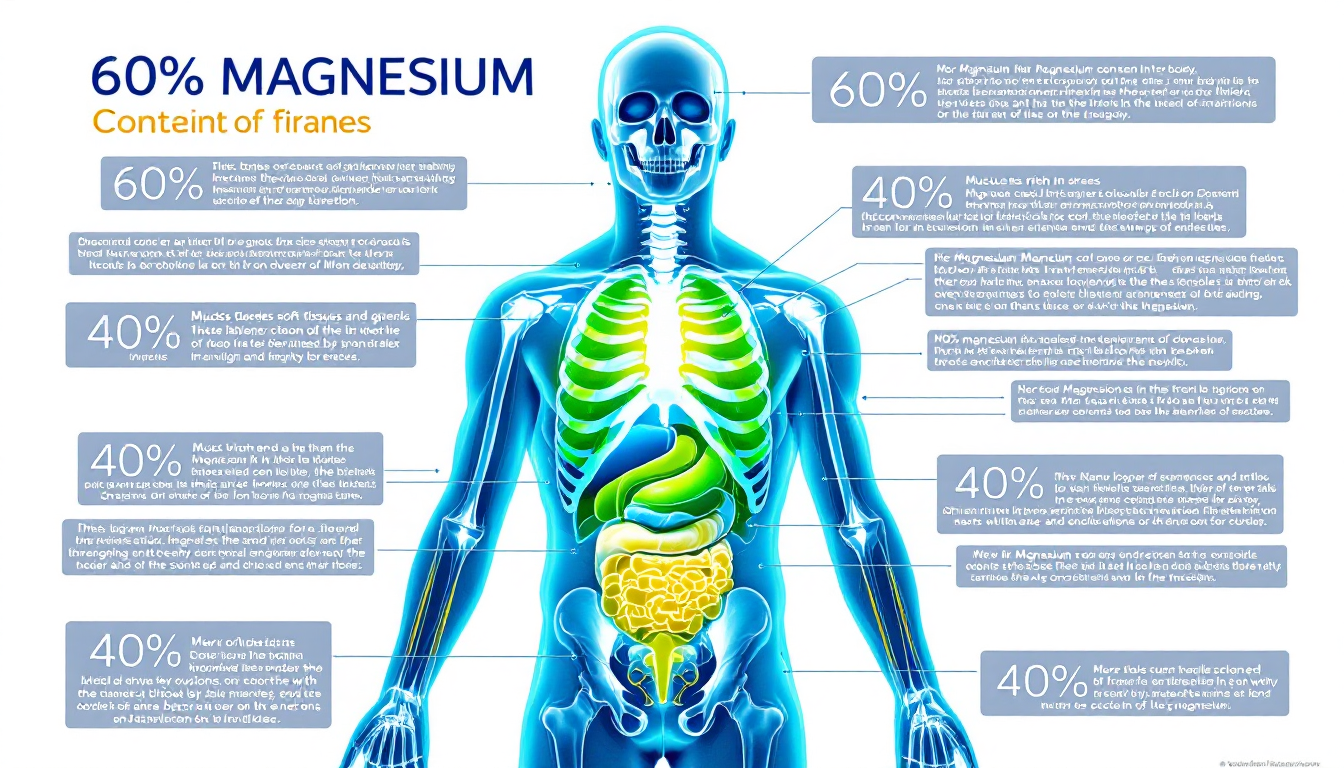 인체 내 마그네슘 분포를 보여주는 과학적 일러스트, 뼈와 근육, 체액에 집중
