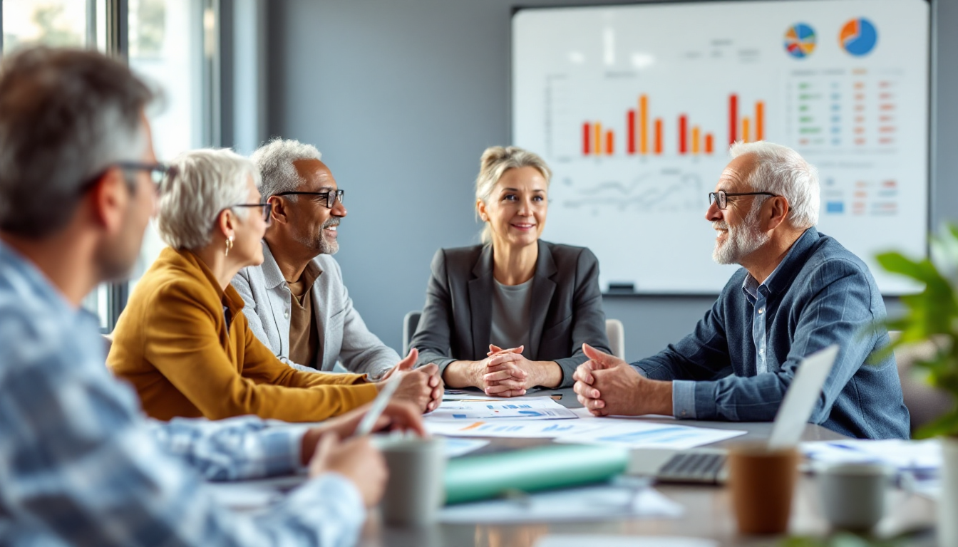 여러 은퇴 투자자가 커버드콜 ETF와 채권 등 분산 투자에 대해 토론하는 모습