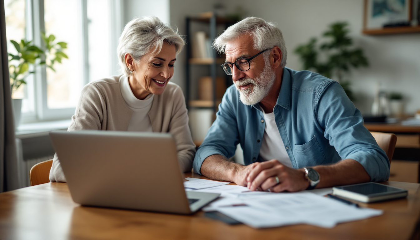 50대 부부가 재무 서류와 노트북을 보며 은퇴 계획을 논의하는 모습