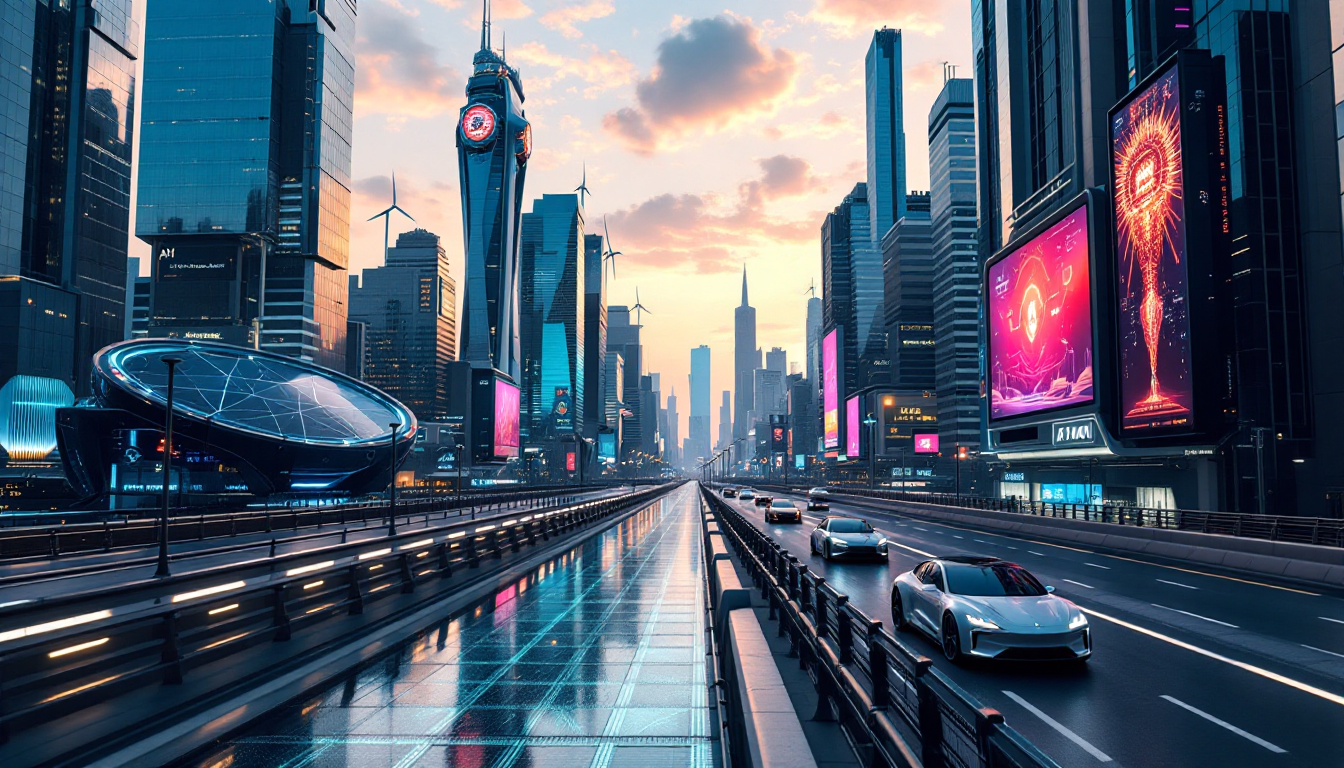 AI 기술과 친환경 에너지 전환을 상징하는 미래 도시 이미지