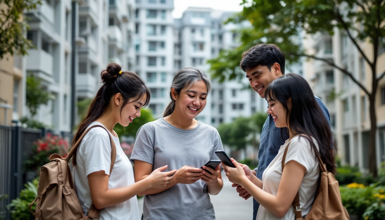 싱가포르 공공주택과 중앙연금기금을 통한 국민 자산 형성을 상징하는 다양한 가족들의 모습