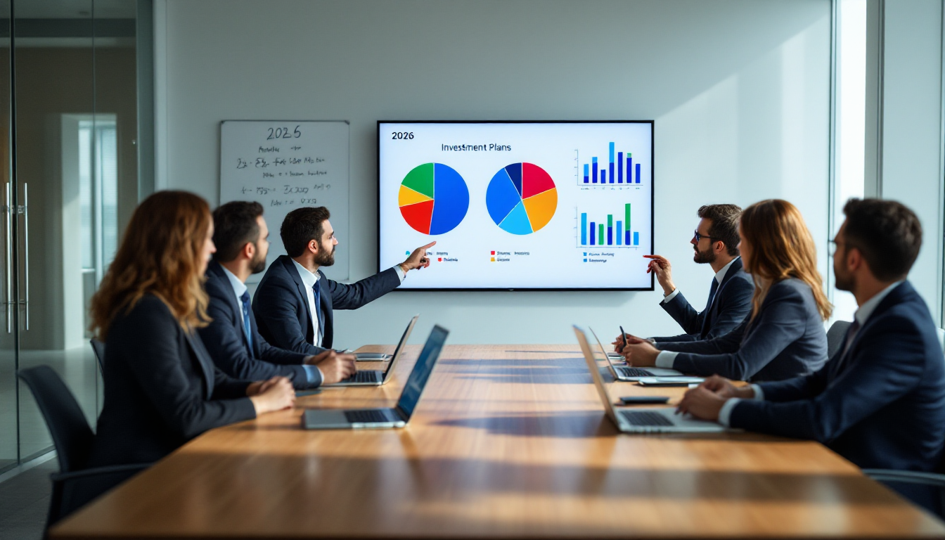2026년 대기업 투자 심리와 계획 비중을 보여주는 데이터 차트와 비즈니스 미팅 장면