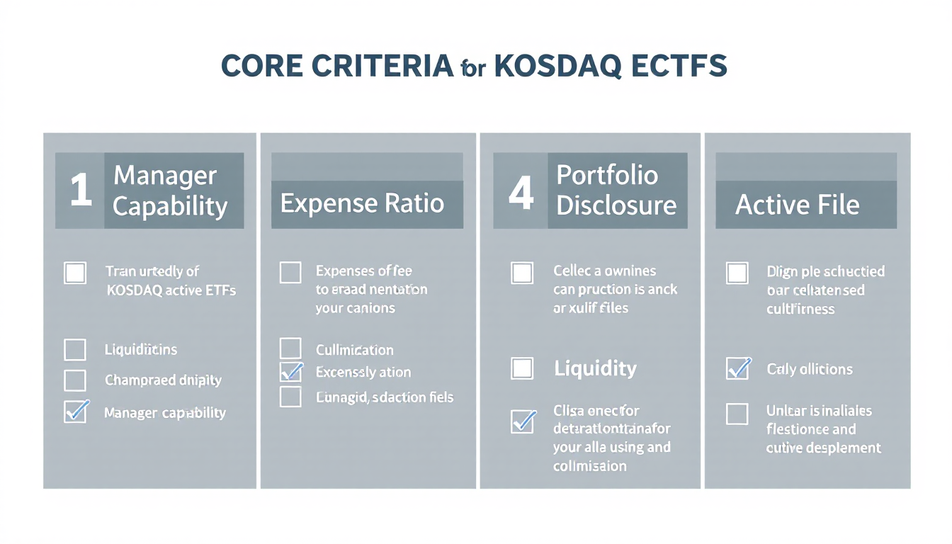 코스닥 액티브 ETF 종목 선택을 위한 4가지 핵심 기준 체크리스트 시각화