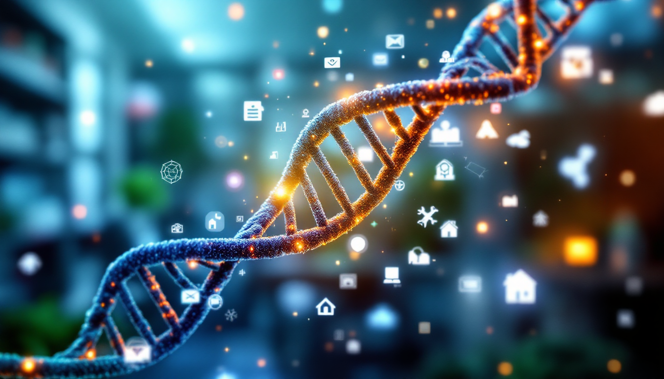 개인 맞춤형 건강관리를 상징하는 DNA와 생활 습관 아이콘이 합쳐진 이미지