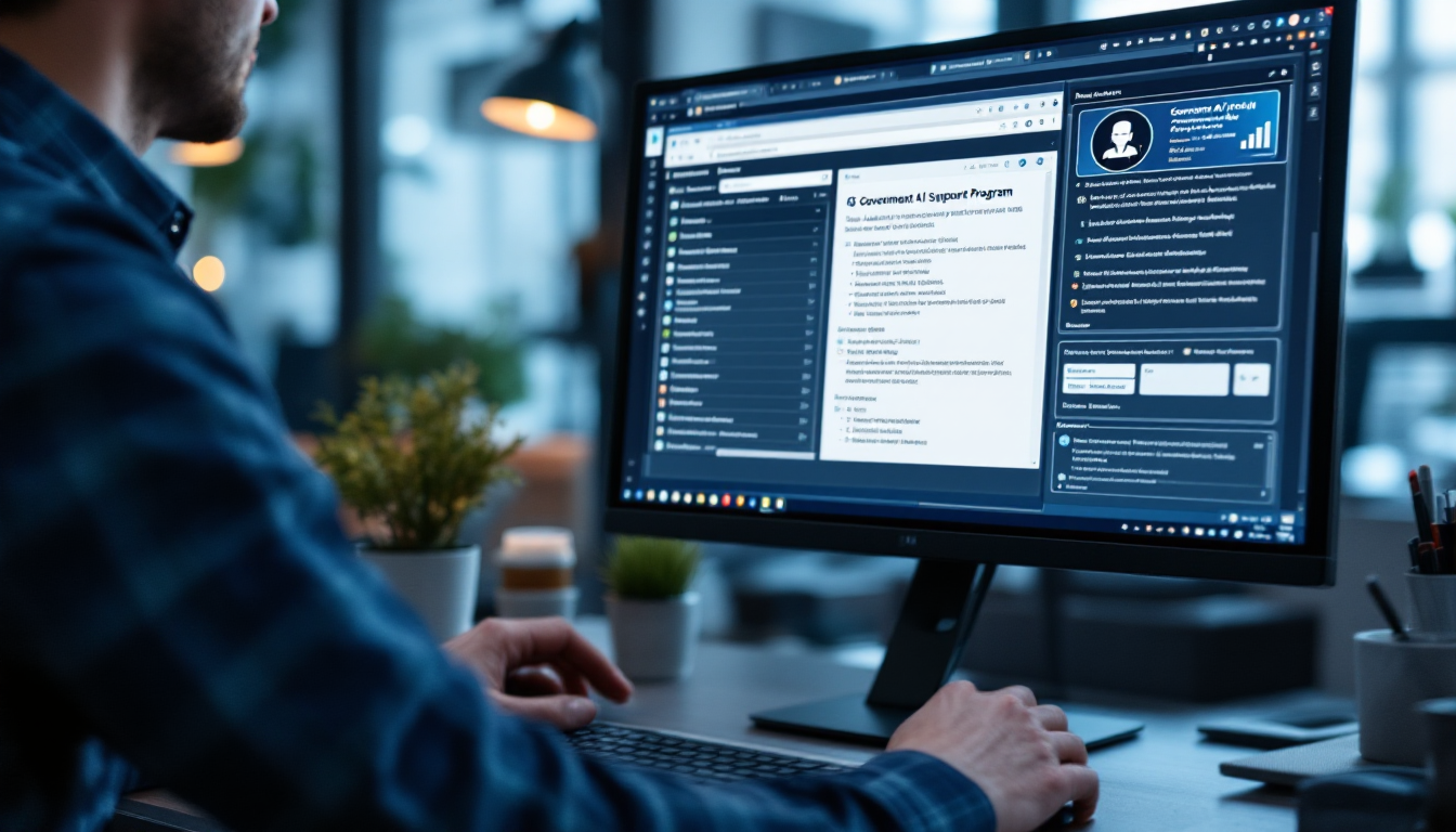 밝은 사무실에서 정부 AI 지원 프로그램 웹사이트를 탐색하는 모습이 담긴 컴퓨터 화면 사진