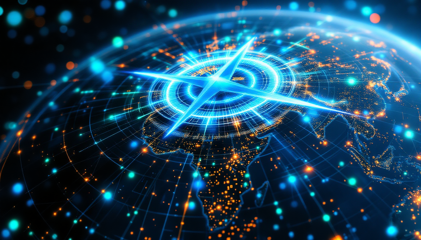 AI 정책 방향을 나타내는 지구와 디지털 나침반의 실사 이미지