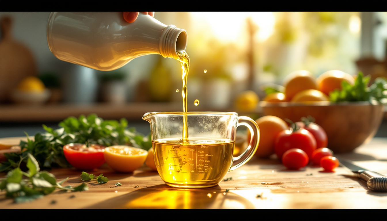부엌에서 아침 햇살 아래 올리브오일이 부드럽게 따라지는 모습