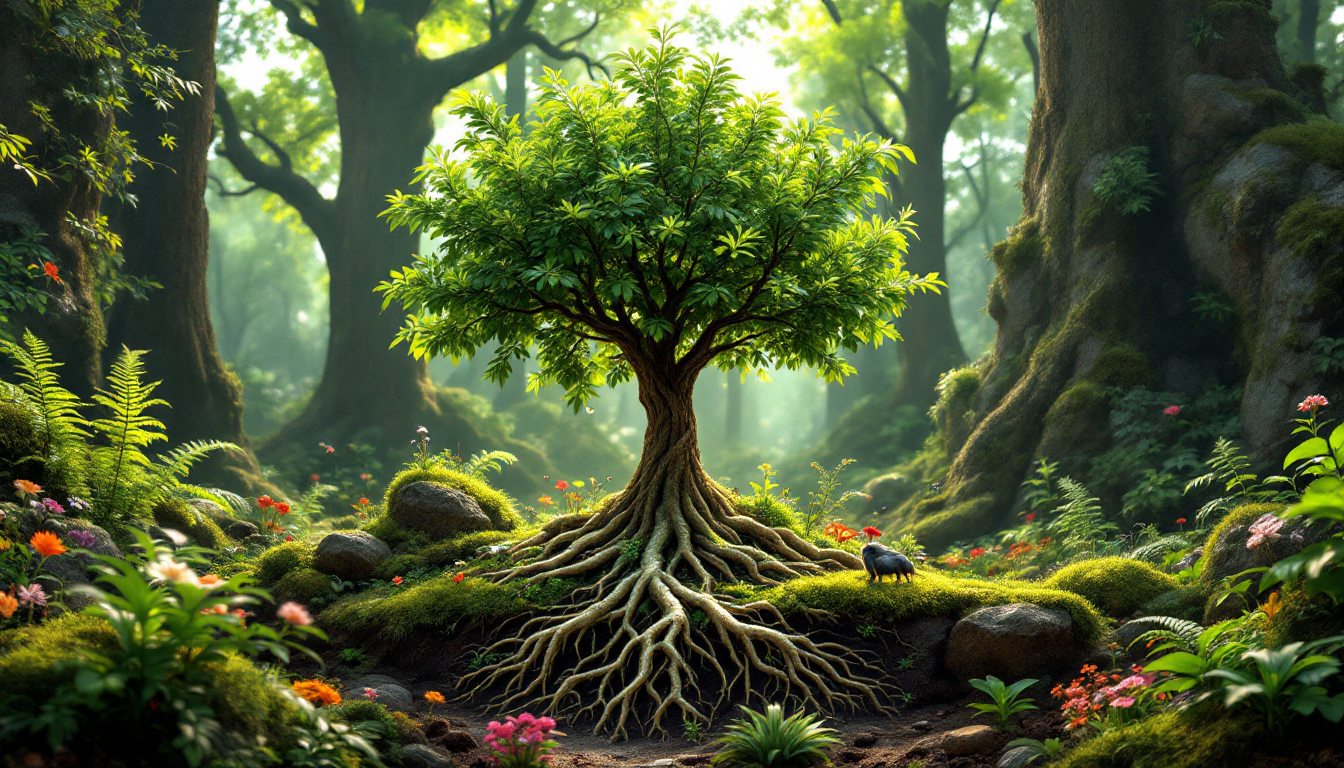 균형 잡힌 건강한 미생물 생태계를 상징하는 울창한 숲과 프로바이오틱스인 건강한 나무의 대비 이미지