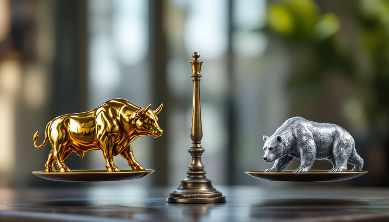 코어-위성 전략을 상징하는 주식과 채권의 균형을 나타내는 저울 이미지