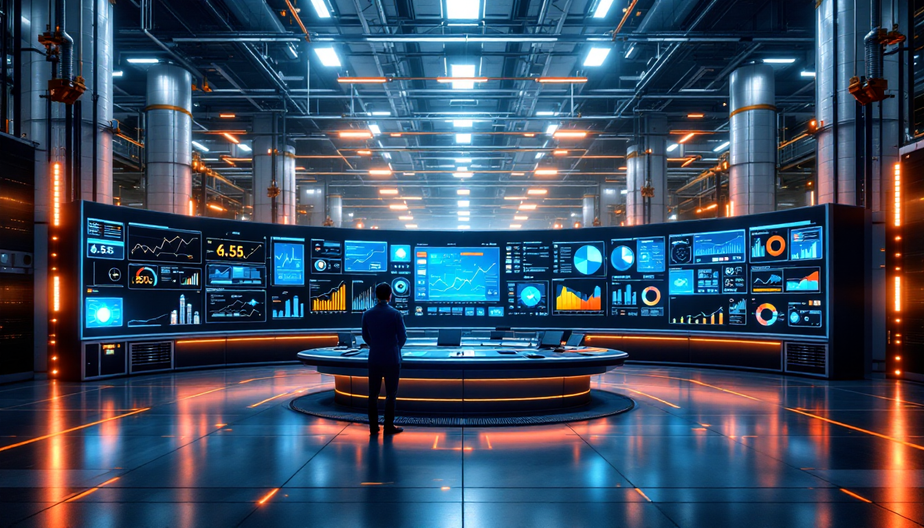 대규모 공장에서 에너지 관리 시스템과 스마트 그리드가 통합되어 있는 이미지