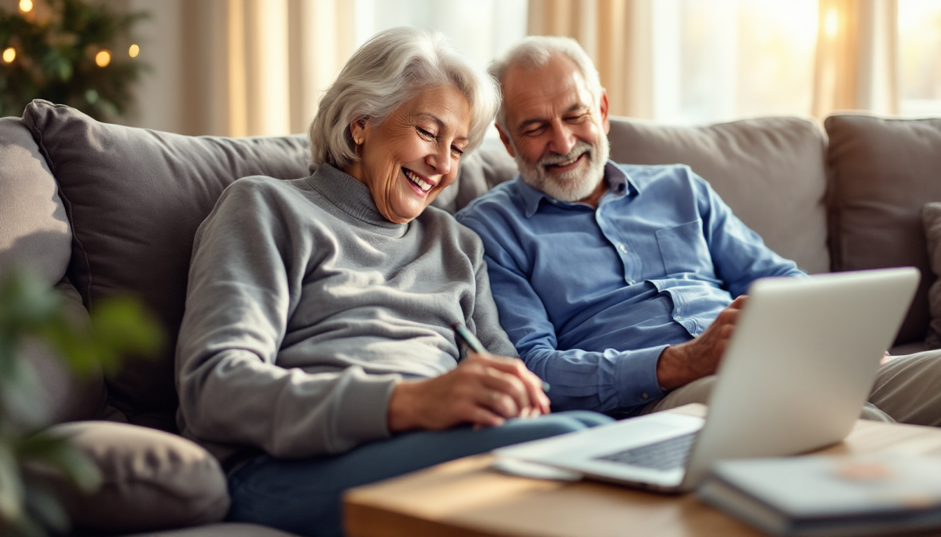 안정적인 노후 현금 흐름을 준비하는 4060세대 부부의 모습과 커버드콜 ETF에서 나오는 꾸준한 월 수입 그래프