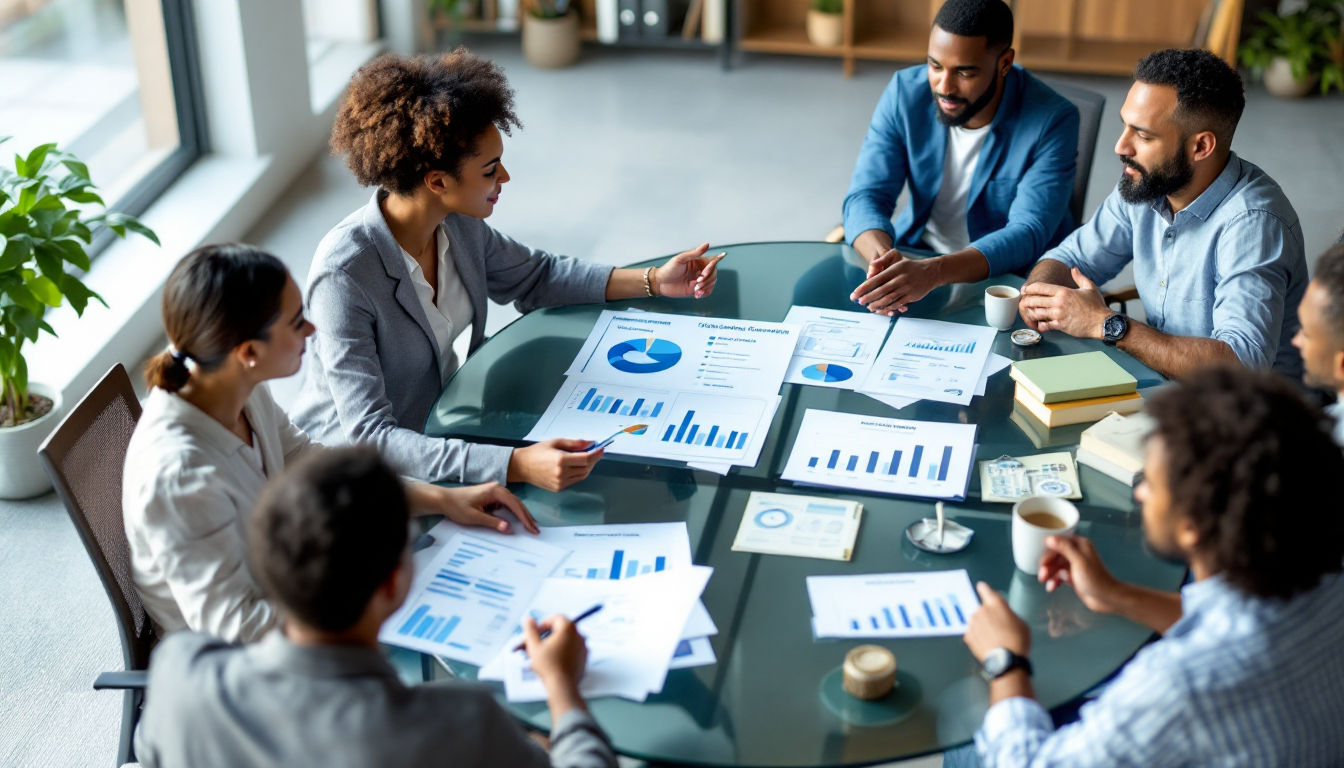연금저축과 IRP의 비교를 논의하는 다양한 사람들이 있는 사무실 풍경