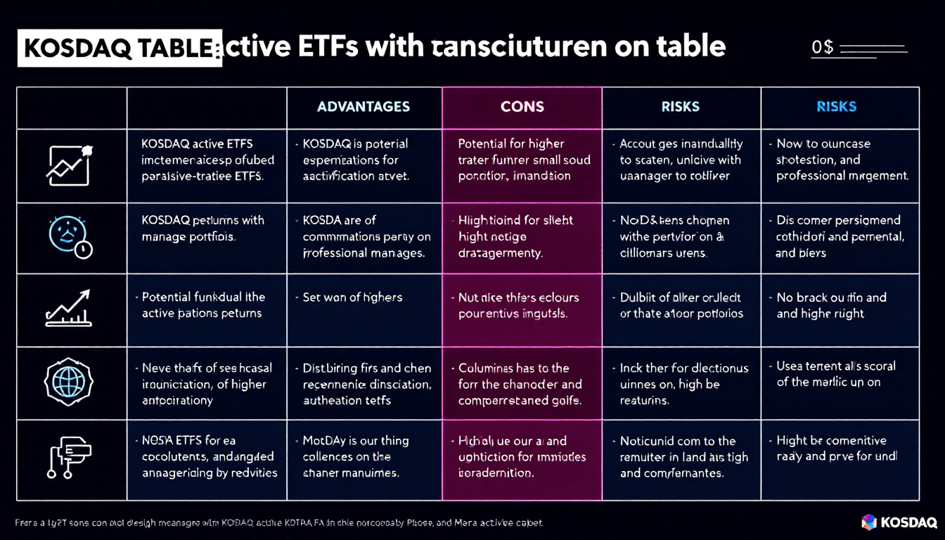 코스닥 액티브 ETF의 장점과 리스크를 시각적으로 비교한 인포그래픽