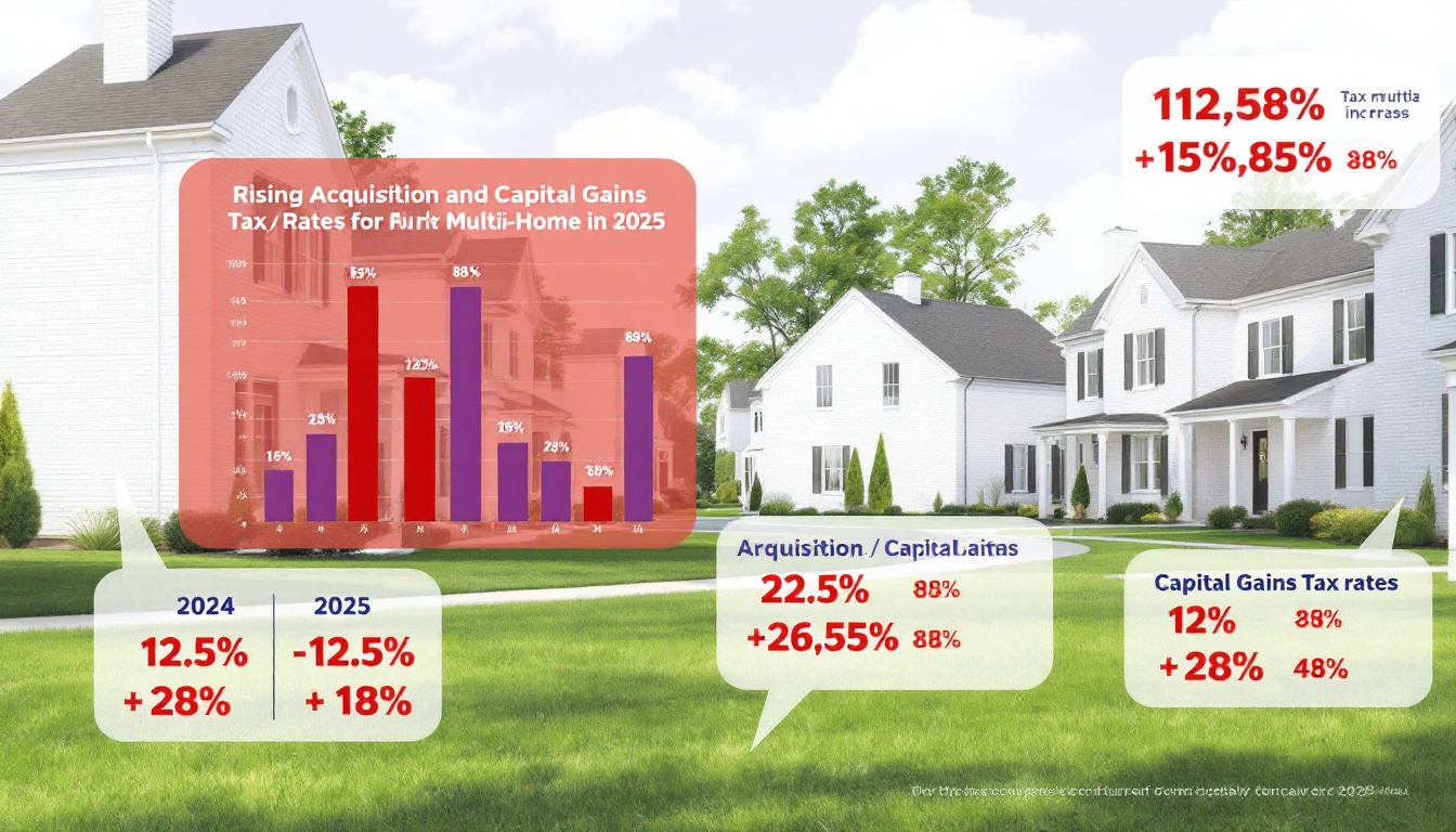 2025년 다주택자에 대한 강화된 부동산 취득세 및 양도세 정책을 시각적으로 표현한 이미지