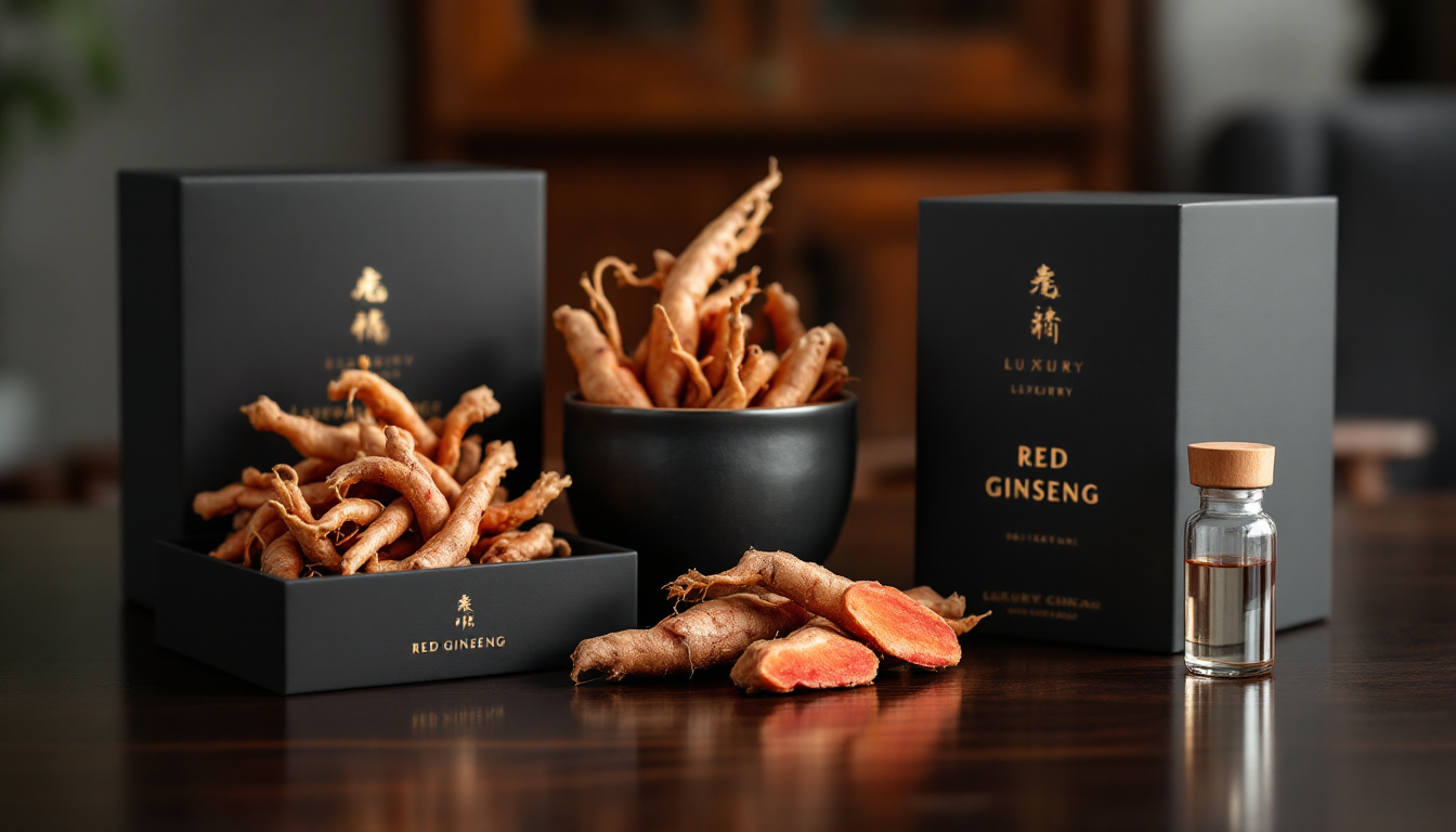 명품 홍삼 스틱과 세트 제품의 고급스러운 사진