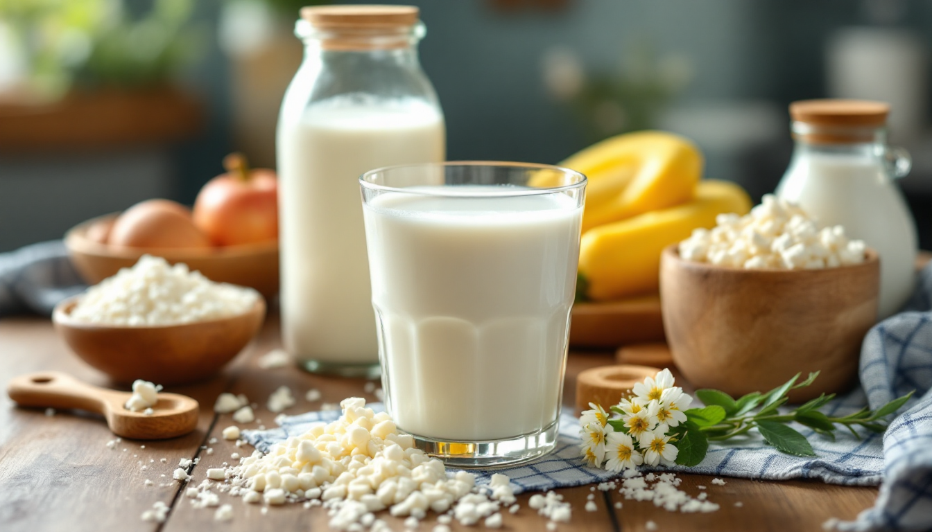 칼슘 섭취를 위한 유제품과 짙은 녹색 채소, 그리고 멸치 같은 작고 뼈째 먹는 생선들이 주방에 준비된 모습