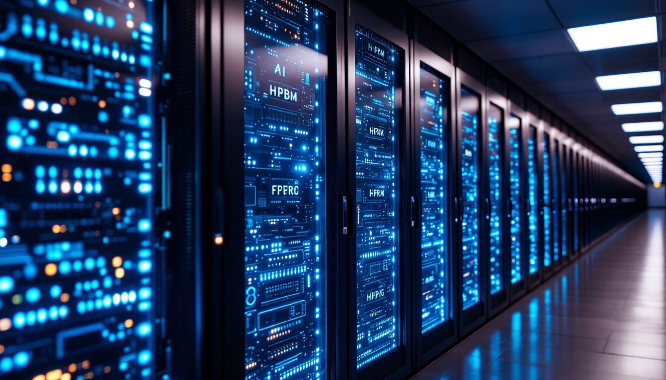 AI 서버 및 데이터센터 투자와 이를 통한 HBM, DDR5 메모리 수출 증가를 보여주는 고성능 컴퓨팅 서버와 데이터센터 모습