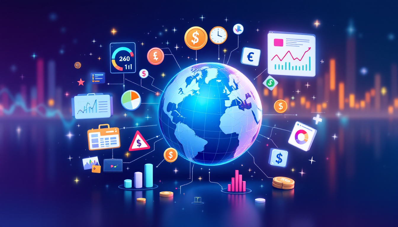 2026년 글로벌 경제 및 투자 기회를 상징하는 지구와 경제 관련 아이콘들