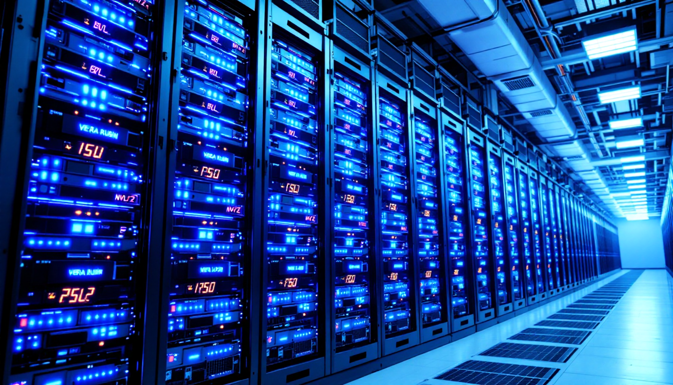 강력한 AI 인프라를 나타내는 베라 루빈 NVL72 GPU가 장착된 고성능 서버룸