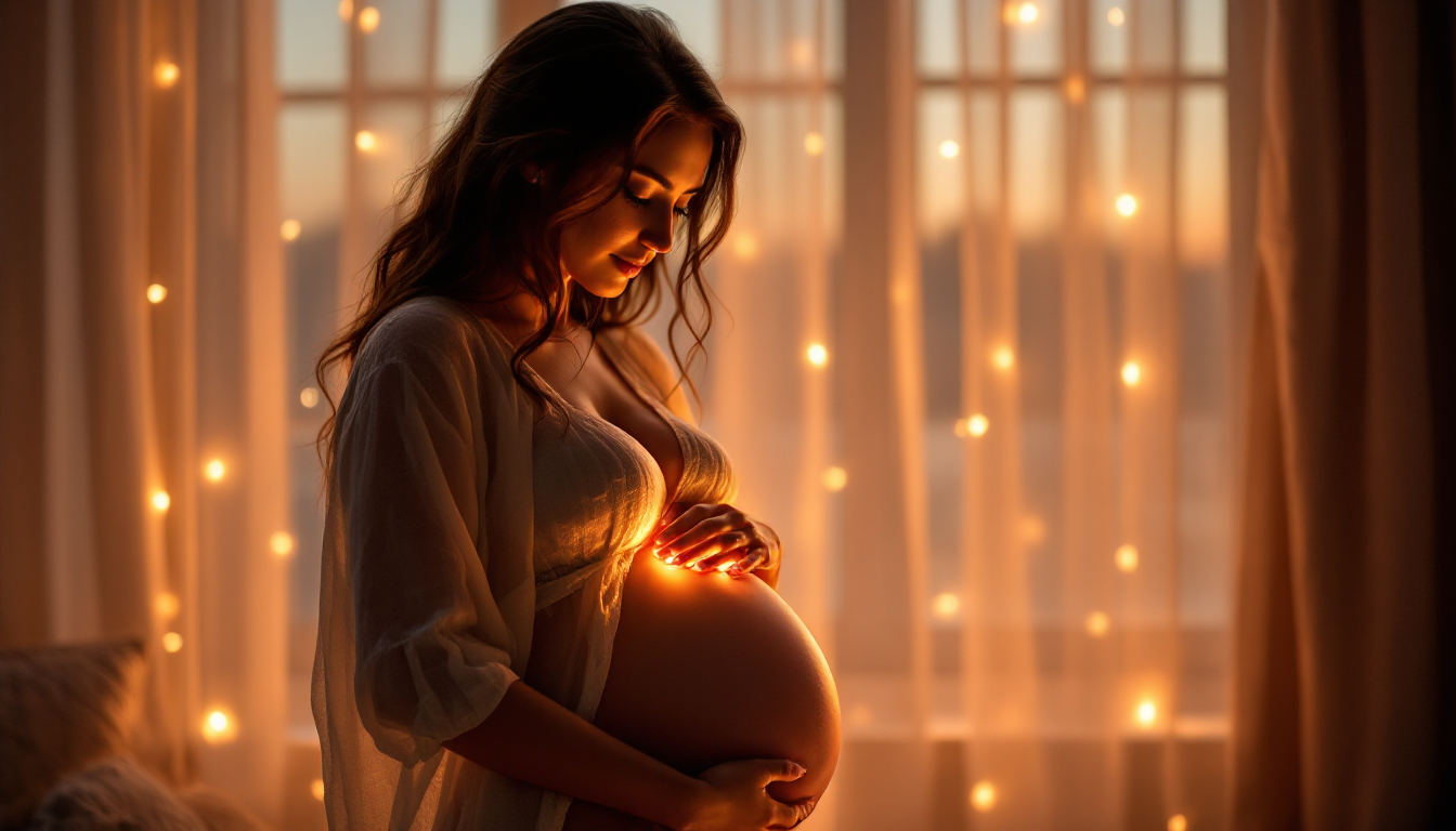 임신한 여성이 배를 감싸안고 있는 모습과 배 안에 새로운 생명이 자라고 있음을 상징하는 부드러운 빛
