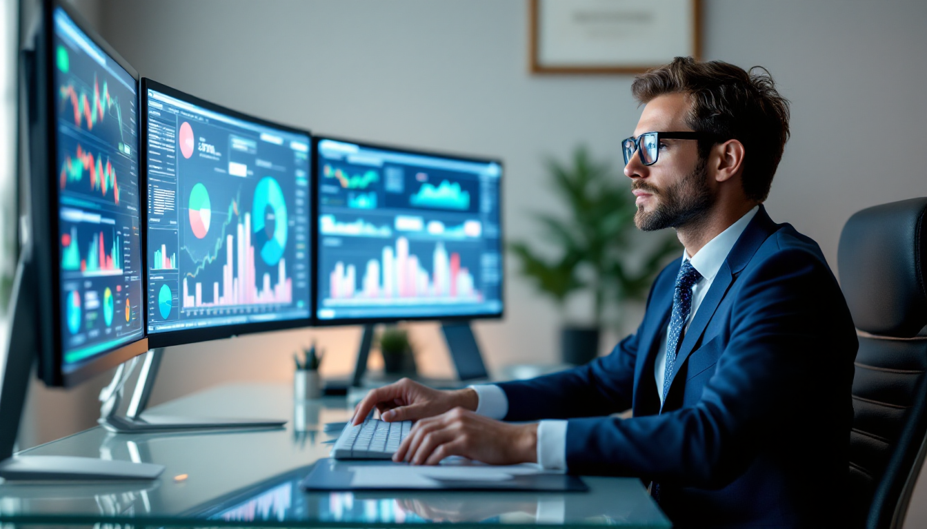 포트폴리오 리밸런싱을 하는 투자자가 여러 화면에 주식 그래프와 자산배분 차트를 보며 분석하는 모습