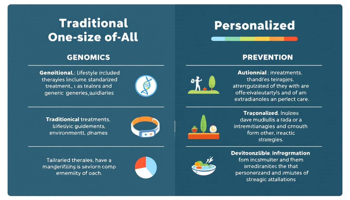 전통적인 획일적 건강 관리와 개인 맞춤형 건강 관리의 차이를 보여주는 인포그래픽 표