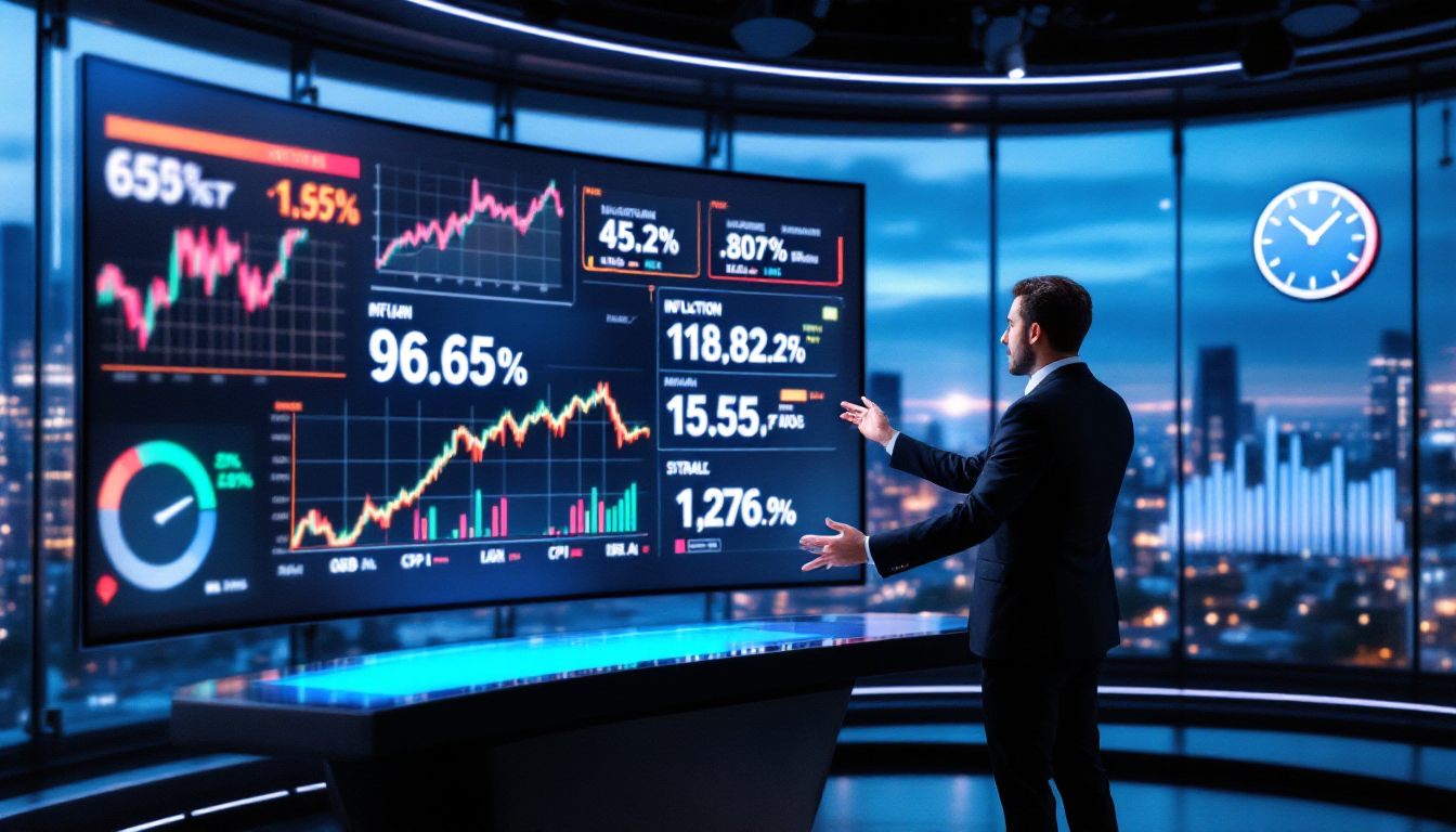 뉴스 경제 지표 활용법 섹션의 경제 지표들을 설명하는 금융 뉴스 방송 스튜디오 장면